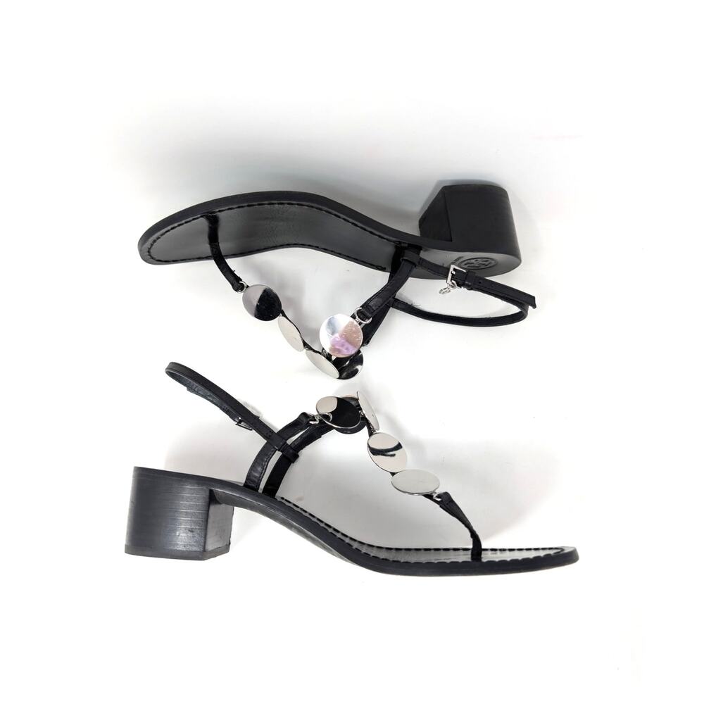 Tory Burch Black Leather Summer Sandals Silver Disc Heels Size 9 - Picture 2 of 16